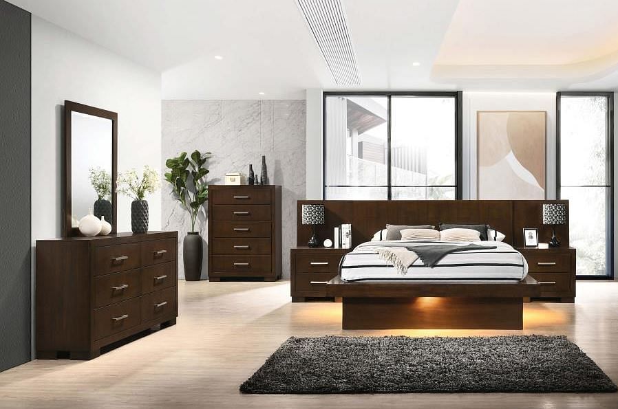 Jessica Platform King Bedroom Set in Cappuccino - King Bed and Dresser, Mirror